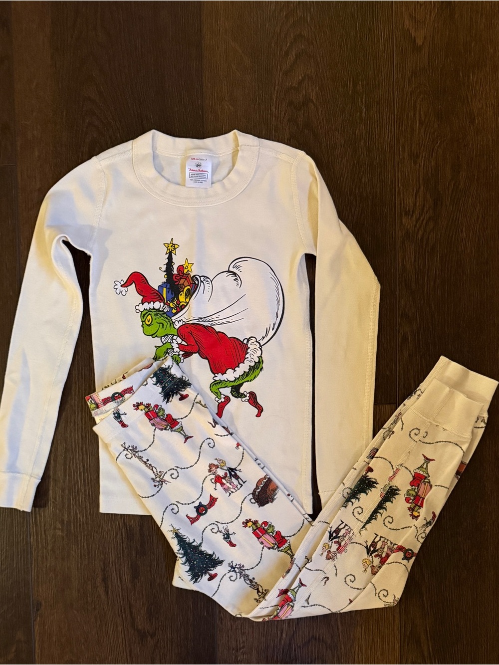 Hanna Andersson White Grinch Holiday Pajama Set with Red and Green Accents Sz 6